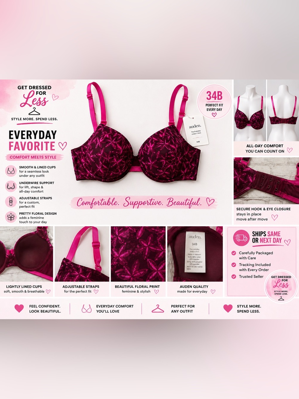 Auden Bra 34B Burgundy Floral Lined T Shirt Underwire Everyday Comfort